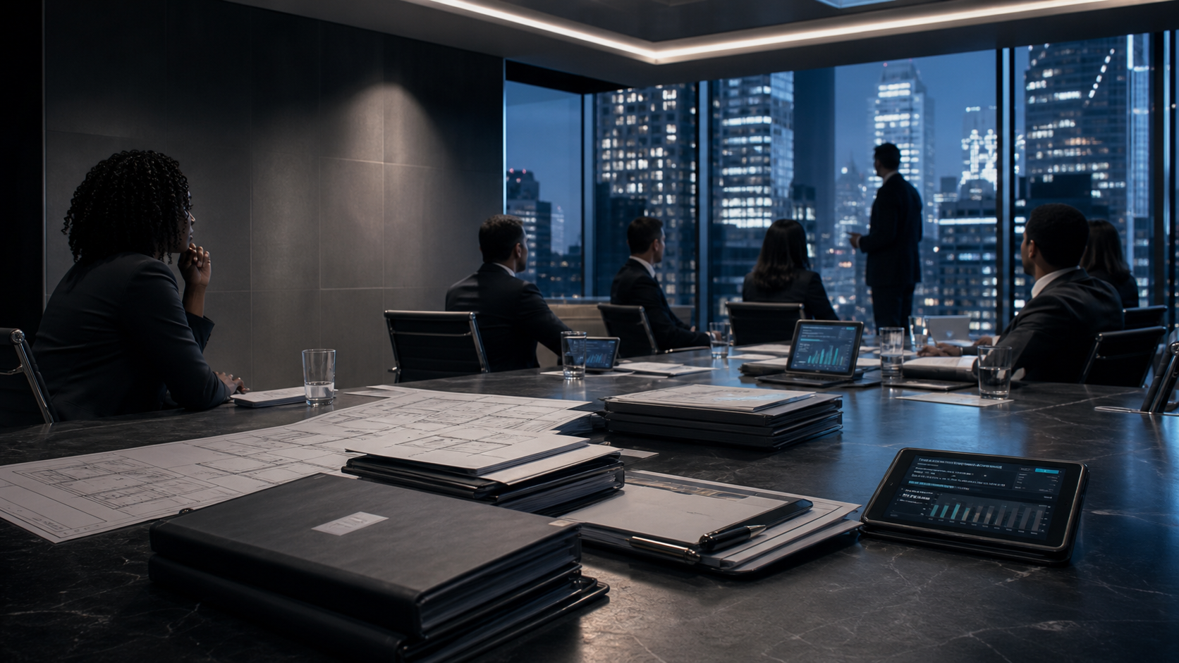 Consortium principals reviewing a capital stack